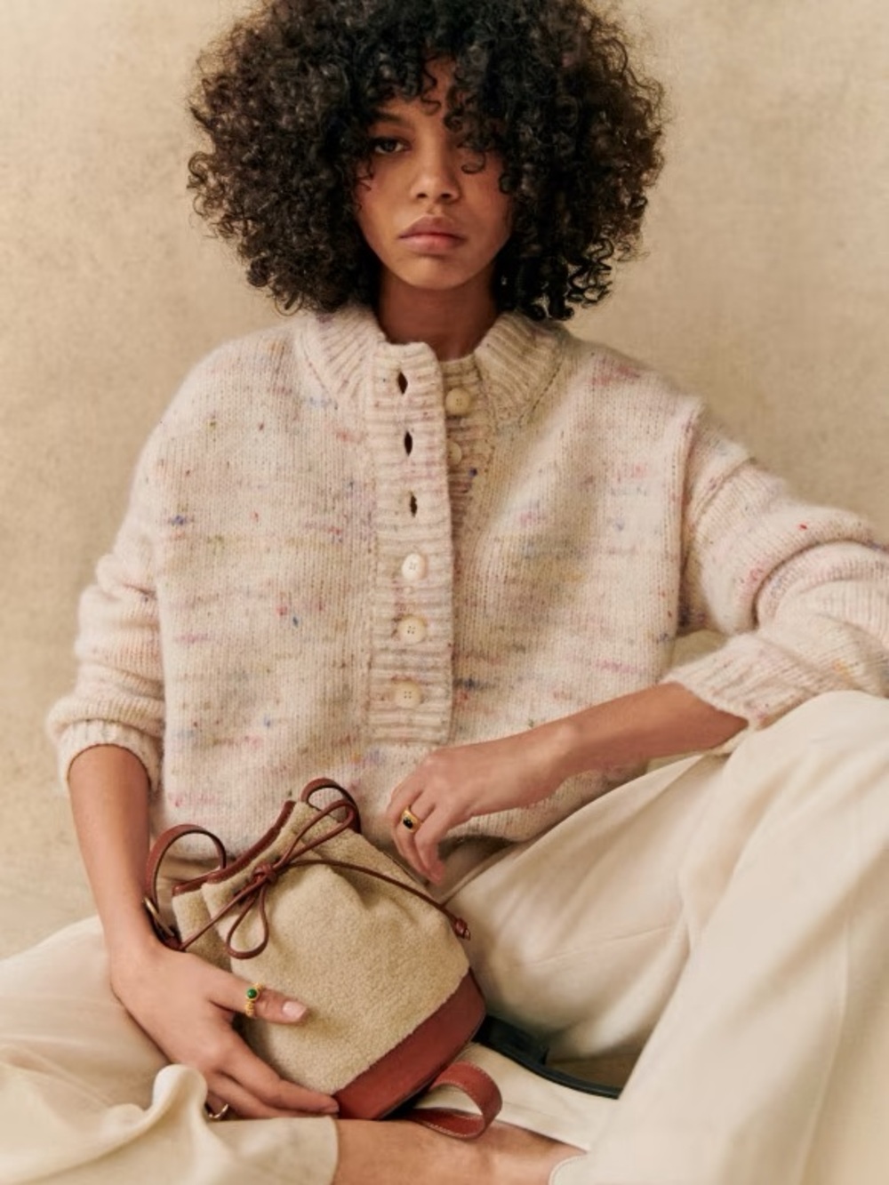 Sezane Speckled Light Pink Wool-Blend Button Cardigan
